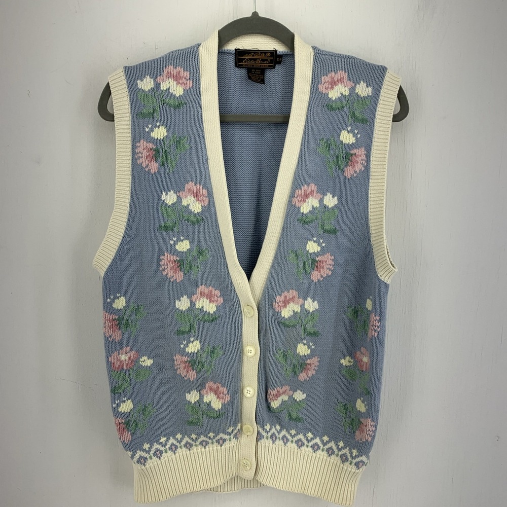 Vintage Eddie Bauer Womens Small Sweater Vest Floral Cottagecore Granny Cotton